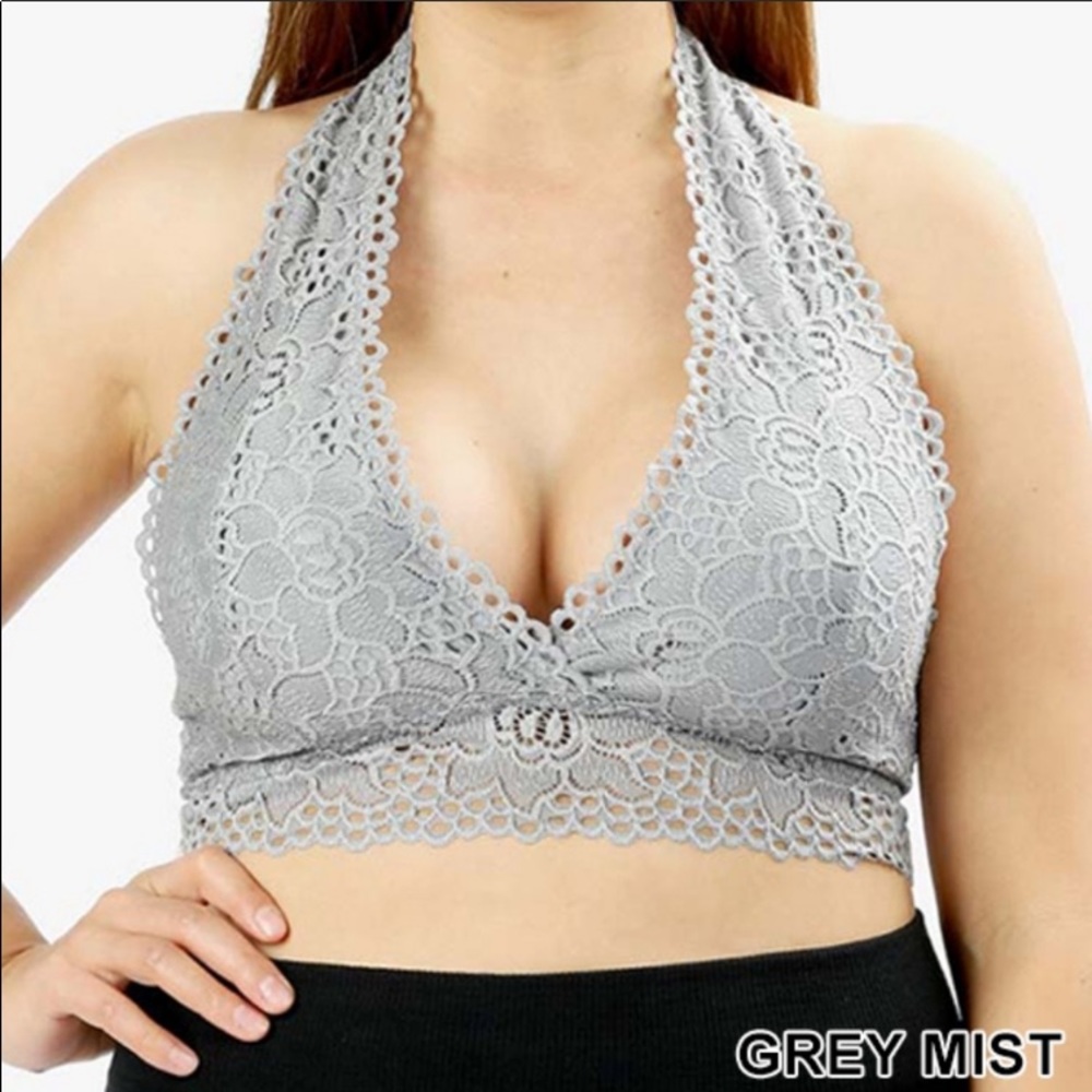 NEW! ZENANA OUTFITTERS Lace Halter Bra Bralette Plus 2X Gray Mist